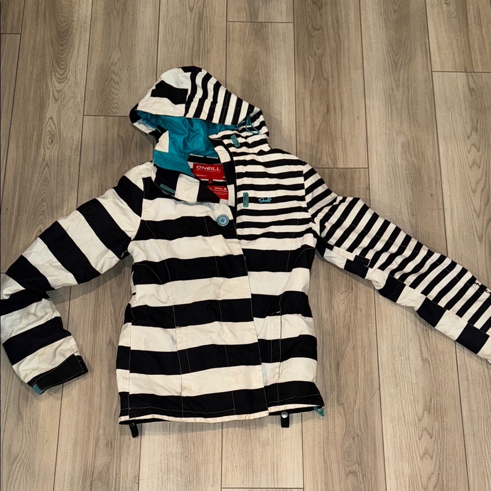 O'Neill Black and White Striped Jacket with Teal Accents